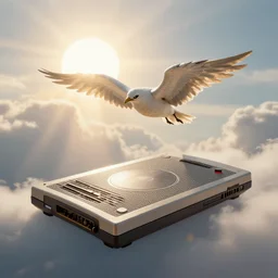 commodore amiga with wings flying towards the sun, sunrays, lightly clouded