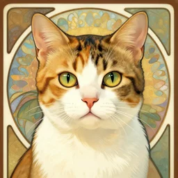 portrait of a calico cat, masterpiece, sakimichan, Ross Tran, Alphonse Mucha