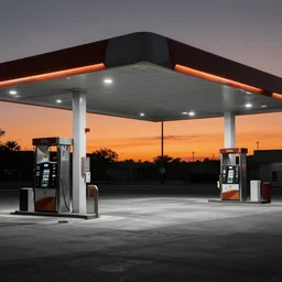 miami gas station background by simon stalenhag, black and orange sunset, sharp focus!!!!!, digital art, 4 k, octane, high contrast, drone view