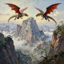 netherlands with tall mountains in the background painting high detail with flying dragons