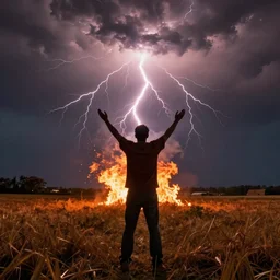 kenneth copeland struck by lightning bold from the sky, fire around, open field