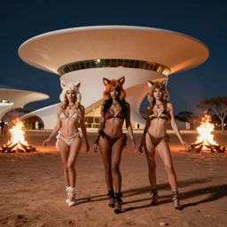 portrait of three beautiful ravers in animal costumes, photorealistic, octane render, dancefloor kismet, diverse costumes, clean composition, desert transition area, bonfire, night, australian desert, zaha hadid, xf iq 4, symmetry, sony a 7 r, 1 5 0 mp, 5 0 mm, f 1. 4, iso 2 0 0, 1 / 1 6 0 s, golden ratio, rule of thirds