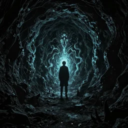 Through A Dark Evil Glowing Portal Yasushi Nirasawa Moebius HR Giger Style, 8K, octane render, HDR, volumetric lighting