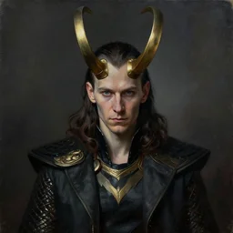 gloomy matte oil portrait of god loki from scandinavian mythology