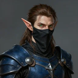 Male Wood Elf Rogue, dnd, d&d, dark blue leather armor, black cloth mask, Chest Guard, Brown Hair, green eyes, high fantasy,  , HD, Trending on Artstation. Head and Shoulder matte painting portrait by wlop