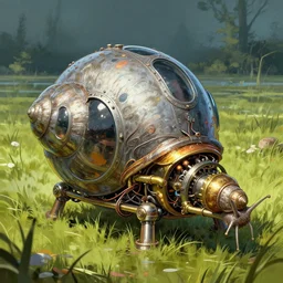 mechanical snail robot machine working in the marshlands, dome portholes, brass pipes, wires, detailed illustration, concept art, dynamic colour palette, highly detailed, high contrast, strong lighting