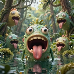 of a tropical rainforest lake with strange cute friendly happy creatures with huge eyes, mouth, long tongue, round teeth and goofy face, appearing from the treesl, in the style of gehry and gaudi, macro lens, shallow depth of field, ultra detailed, digital painting, trending artstation, concept art, illustration, cinematic lighting, photorealism, epic, octane render