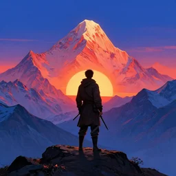 a lonesome warrior looking at the sunrise at the himalayas by sandra chevrier, moebius, atmospheric, fine details, vivid, neon, masterpiece