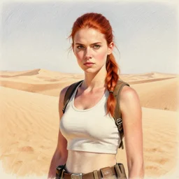 fantasy concept art, wide angle, young woman facing forward, auburn hair in a ponytail, athletic, slavic features, clean face, serious demeanor, tomb raider, desert background, in the style of ruan jia, high detail, uplit, color pencil 8 k
