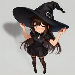 smug young witch with freckles, winking, brunette, checked stockings, short black dress, holding her huge hat, full bodyshot, anime, fantasy, portrait, highly detailed, headshot, digital painting, trending on artstation, concept art by miaormoa