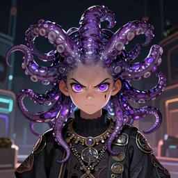artstation young teen with purple eyes and tentacles on her head in fury, very detailed, in glass town, portrait, high contrast, vibrant, very intricate and difficult ornament of clothes