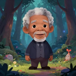 a cartoonish cute anthropomorphic Morgan Freeman is in a mystical forest full of wonders, pine trees, magical atmosphere, trending on artstation, 30mm, by Noah Bradley trending on ArtStation, deviantart, high detail, stylized portrait H 704