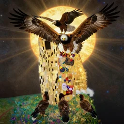 flock of golden eagles being born and coming out of the sun, space, dramatic, fantasy,Gustav Klimt, CGI