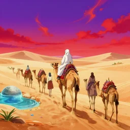 anime muslims journeying across an enchanted isekai desert on camel through an oasis, heatwaves anime aesthetic, bright purple and red sky