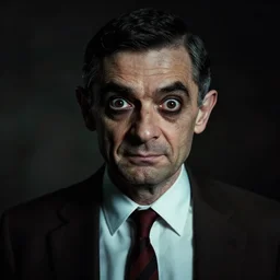 creepy portrait of mr bean, dramatic lighting, horror, scary