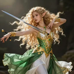 fantasy, female, elf, fey - like, long curly hair, blond hair, warrior, dancer, green and white clothes, golden embossing, golden jewelry, swords, beautiful, elegant, portrait