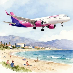a watercolor painting of a wizzair airbus a 3 2 1 neo landing at skiathos airport, low over the heads of the people on the beach