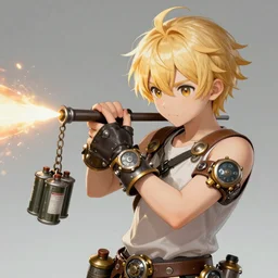 A blonde boy wearing steampunk wristband that launches out a grapple using steam canisters, epic fantasy art style HD,   SHINZOU WO SASAGEYO