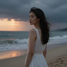behind the back medium close up shot of beautiful asian female with white dress standing lonely on the beach, stormy landscape by malczewski, landscape by jakub rozalski, cinematic composition, surreal photography, sunset, dramatic light, digital painting, artstation, simon stalenha, greg rutkowski