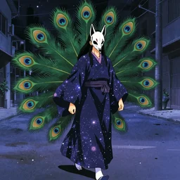 an anime about a human with fox skull, 9 peacock tails, cosmic mage robes and wandering an empty street alone at night, anime, peaceful, 8 0 s, vhs, art by yuji ikehata