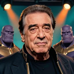 closeup of danny devito as thanos by greg hildebrandt, by peter kemp, by eddie mendoza, stage lights, teal orange, trending on behance