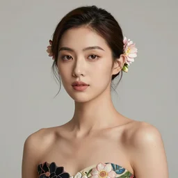photograph of an olive skinned female model in her twenties, her hair pinned up with flowers, wearing a designer top, looking content, focused on her neck, photo realistic, extreme detail skin, natural beauty, no filter, slr, golden hour, 8 k, high definition, selfie