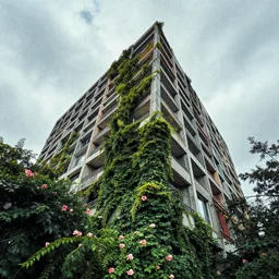( ( dither ) ) illustrated portrait at an angle of a building by zaha hadid, colorful, ( ( mads berg ) ), christopher balaskas, ( ( victo ngai ) ), rich grainy texture, detailed, dynamic composition, light blue filter, wide angle, grainy lights, high contrast, dark tint, cloudy, lush foliage ivy flowers trees, halftone