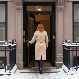 back of emma stone in beige coat, walking into new york apartment building in winter, opening door, building entrance, snow, zoomed out, artwork by gaston bussiere, craig mullins, trending on artstation