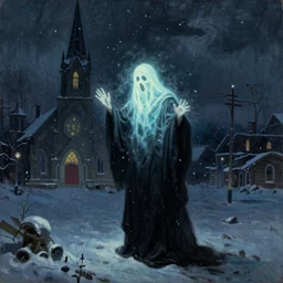 a cult summoning a glowing ghost at night in the world of Edward Hopper, black robes, church, stormy snowy weather, extremely detailed masterpiece, oil on canvas, low-key neon lighting, artstation, Blade Runner 2049, Roger Deakin’s cinematography, by J. C. Leyendecker and Peter Paul Rubens,