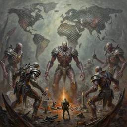 oil paint of 1 1 horrifying machines, fish scale world, with sickening bejewed armor, battle pit, by wayne d barlowe, boris vallejo, stefano tamburini, torch light, muted colors, epic, hyper detailed, awe inspiring, award winning horror, hyper realism, cinematic