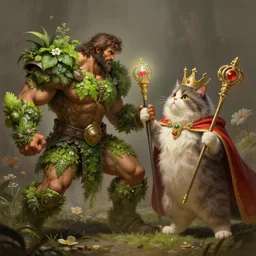 a muscular tunesian man wearing plants as armor fighting a fluffy cat wearing a crown and cape wielding a scepter, fantasy, digital painting, volumetric light, intricate, sharp, focus, bloom, illustration, highly detailed, concept art, matte, ruan jia, randy vargas, greg rutkowski