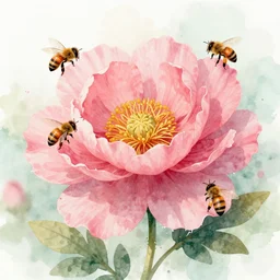 a giant pink flower surrounded with bees, digital art, watercolor