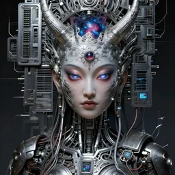female robot pilot, mechanical creature, electronic wires relays computer nerves, girl face, dystopian surrealism, alex ries zdzisław beksinski giger, very intricate details, hres, naraka buddhist demon chinese female, deep luminous eyes contain galaxies, head contains plasma nebula, deep aesthetic, concept art, carved silver circuits diodes resistors semiconductors, highly ornate intricate details