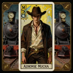 a dramatic moody symmetrical tarot painting of a suspicious villainous handsome cowboy | his shirt is unbuttoned | background is the front of a steam train locomotive | tarot card, art deco, art nouveau, clocks, steampunk | (((by Alphonse Mucha))) | trending on artstation