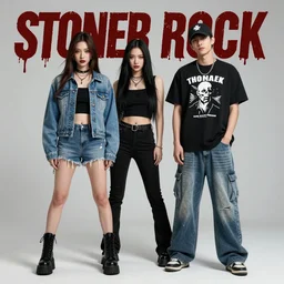 Stoner rock girl, nü metal boy, band promo image, girl wearing double denim, boy wearing baggy jeans and baseball cap