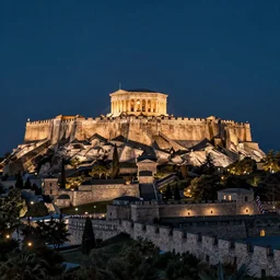 sky view of a greek massive fortress during the night, immaculate scale, hyper-realistic, Unreal Engine, Octane Render, digital art, trending on Artstation, 8k, detailed, atmospheric, immaculate