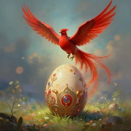 optimism, the solarpunk phoenix, red bird, ornate egg, regeneration, landscape, epic composition, volumetric light, bokeh, digital painting by ilya kuvshinov and by gauthier leblanc