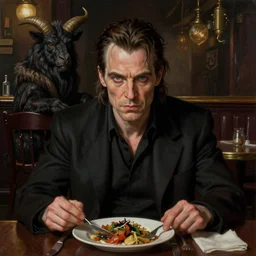 matte painting character illustration of john constantine sitting down at a table at a dive bar in london for lunch, digital painting, illustration, constantine, john singer sargent, a minotaur sits on a chair in the background, amazing values, 8 k, gothic, realistic face details, symmetrical face details, realistically rendered face, photorealistic eyes, moody lighting, octane render