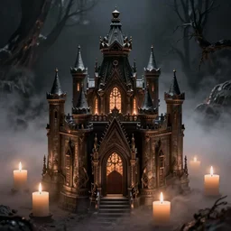 night castle candles, creepy, fog, exquisite, Mizayaki, featured in artstation, octane render, cinematic, elegant, intricate, 8k