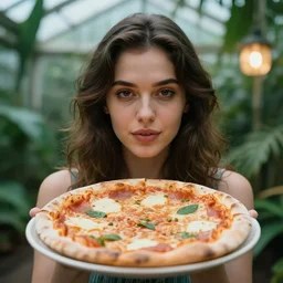 close up portrait of beautiful woman wearing a pizza in a tropical greenhouse, bokeh, cinematic colors