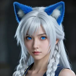 hyper - realistic + photorealistic render with very extreme intricate details, of a girl!!! wearing blue cat - ears, blue eyes and white braided hair, in the style of final + fantasy 9, digital game - art by ross tran, movie composition by sana takeda, dramatic cinematic lighting by greg rutkowski, maya, cinema 4 d