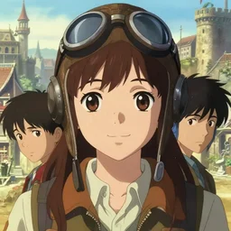 a film still of a happy aviator girl, finely detailed features, closeup at the faces, perfect art, at an ancient city, gapmoe yandere grimdark, trending on pixiv fanbox, painted by greg rutkowski makoto shinkai takashi takeuchi greg rutkowski, alphonse mucha