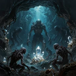 terrible humanoid like creatures hiding in crevices at the bottom of the ocean, in deep caves illuminated by bright shining crystals, abyssal depths, horror art, dramatic lighting, incredible masterpiece artwork by shan qiao and albert bierstadt and rembrandt