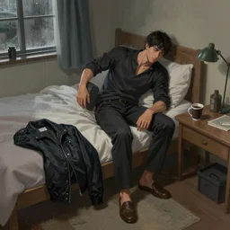 a man inside his bedroom with his jacket and coffee beside the table on a lazy rainy monday, highly detailed, digital painting, artstation, concept art, smooth, sharp focus, illustration, art by jon foster and james jean and artgerm and yuumei