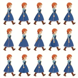 walking animation sprite sheet of a girl in a renaissance dress, walking to the right, each sprite is a different frame of the animation, in the style of pokemon games