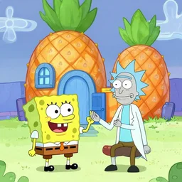 morty from rick and morty and sponge bob playing in front of sponge bob pineapple house, fantasy cartoon