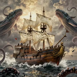 an impossibly huge pirate ship, being attacked by a kraken, giant tentacles, lovecraft. 1910s photograph