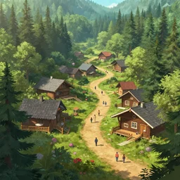 a cabin town surrounded by forest, artstation, people, path, detailed, artstation