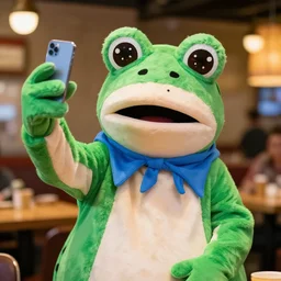 taking a selfie with a frog fluffy mascot costume at an applebee's, cell phone photo