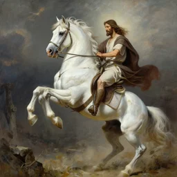 the first horseman of the apocalypse riding a white stallion, horse is up on it's hindlegs, the rider looks like jesus, artwork by artgerm and rutkowski, breathtaking, dramatic